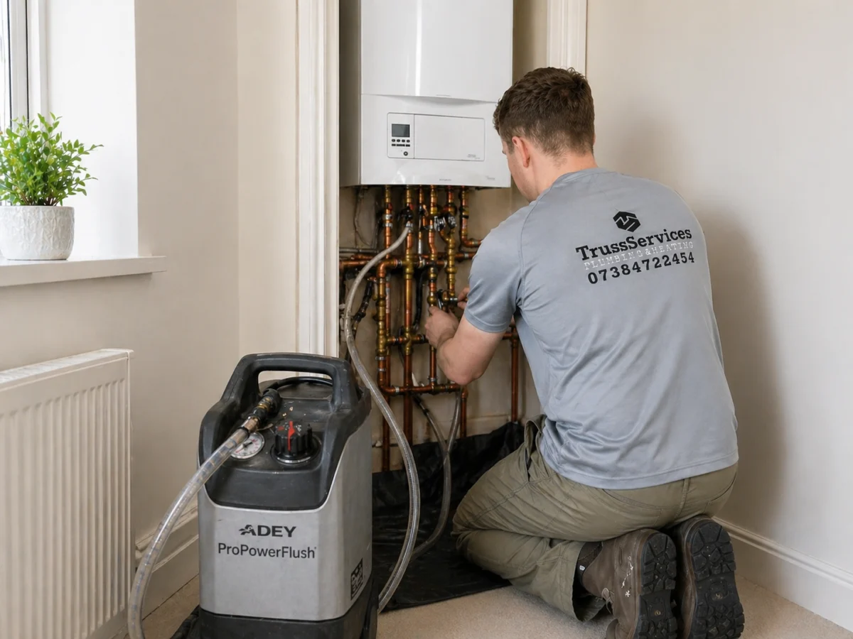 Plumber carrying out a full system power flush with ADEY ProPowerFlush — Ealing boiler service