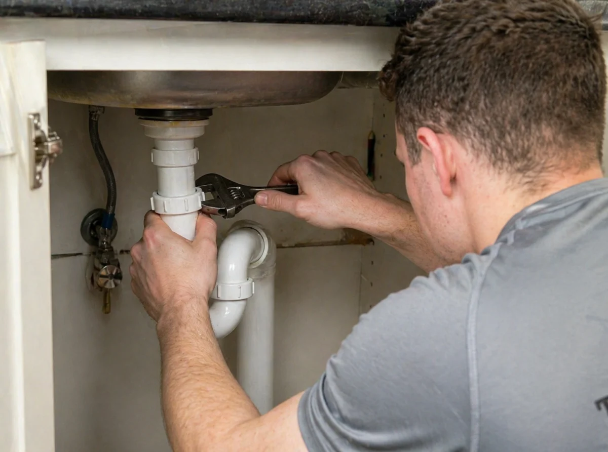 Dave carrying out a kitchen plumbing repair under a sink, tightening pipe fittings and checking connections inside a clean under-sink cabinet.