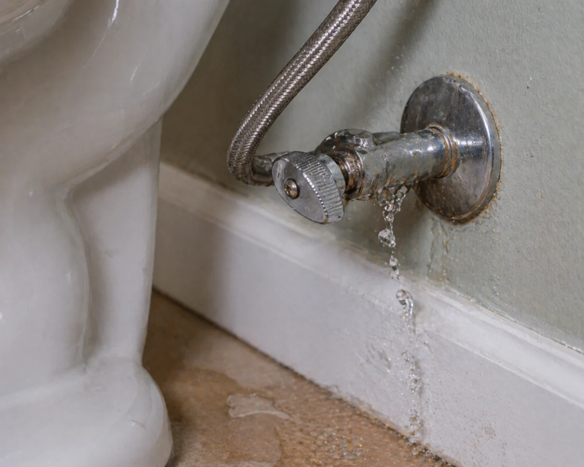 Close-up of a plumbing leak behind a toilet, showing water dripping from a shutoff valve connection onto the bathroom floor.