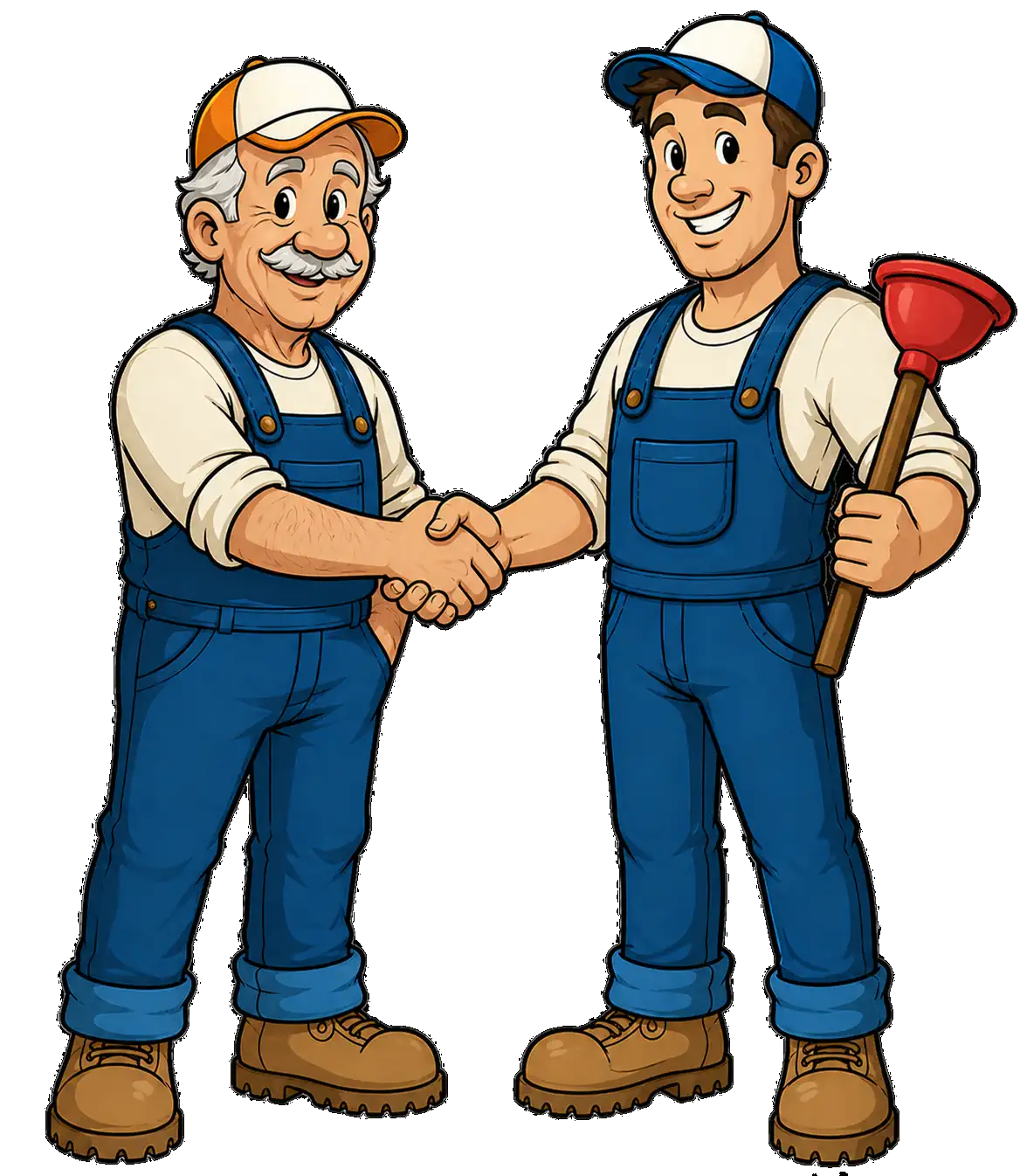 Stylised cartoon illustration of Clive and David, the two engineers behind Ealing Plumber