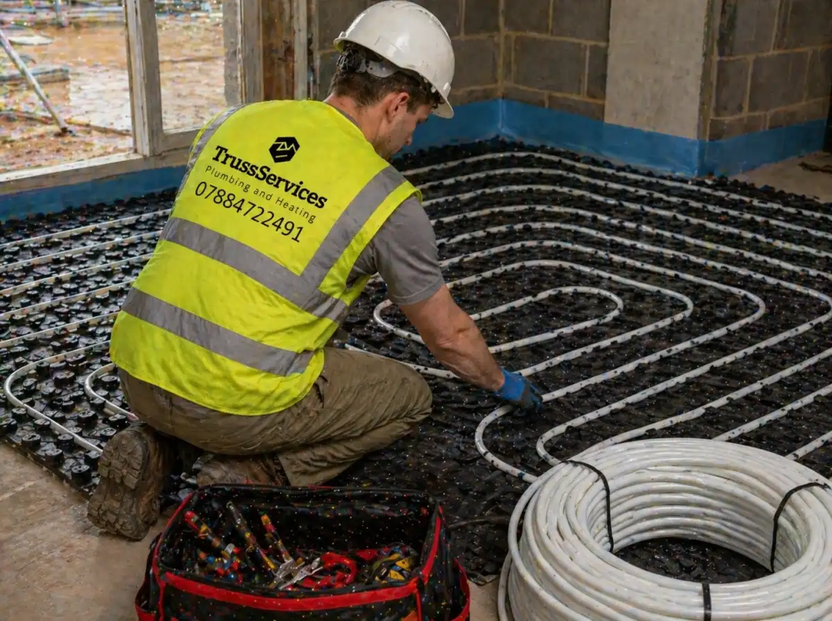 Engineer fitting underfloor heating pipes — UFH installation in Ealing bathroom