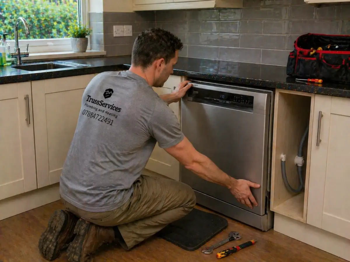 Plumber installing a dishwasher